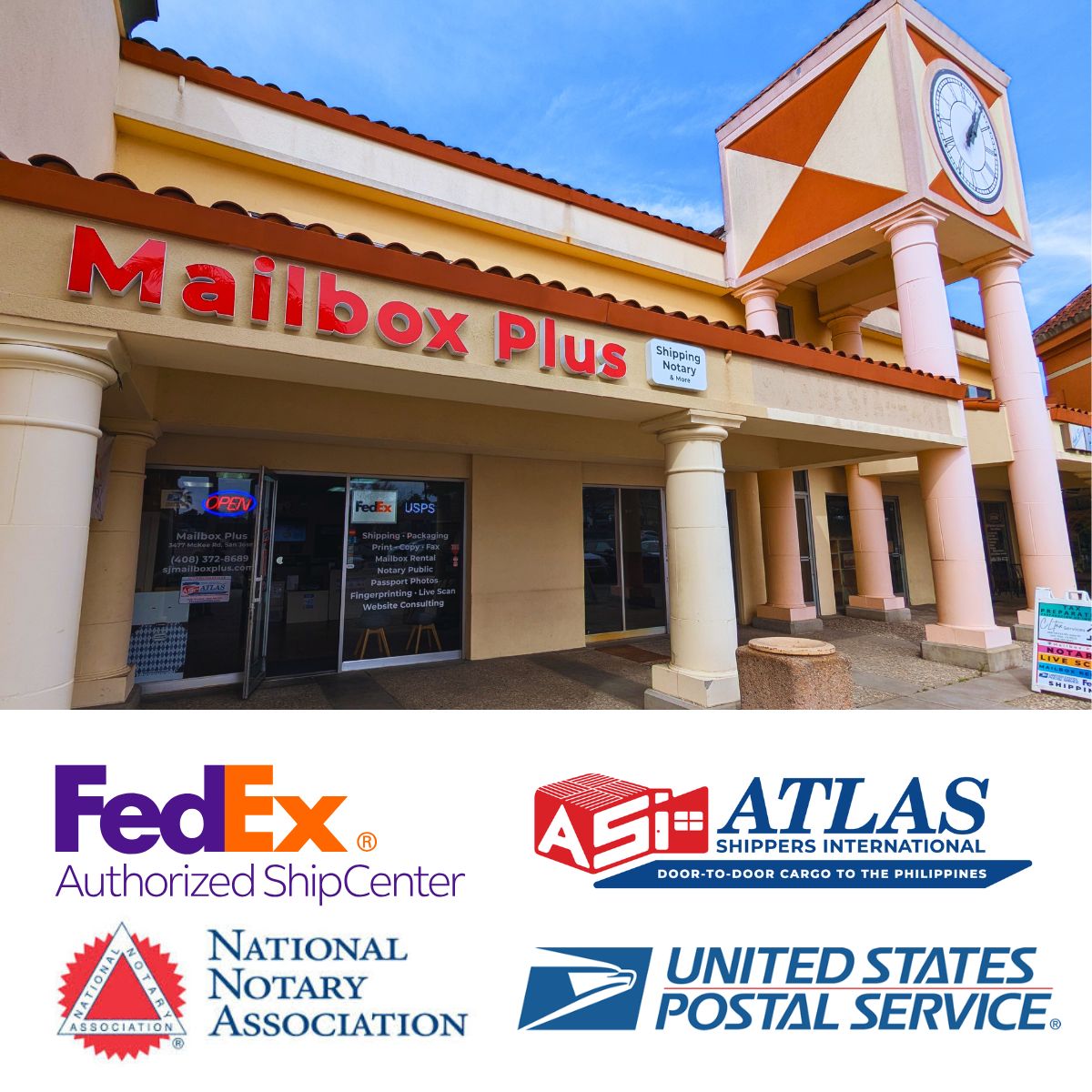We ship with FedEx & USPS. We are trained by the National Notary Association and are members of Retail Shipping Associates
